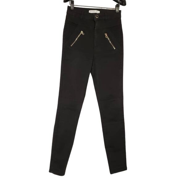 Zara Basic Z1975 Denim The Skinny Moto Zipper Pocket Black Jeans Womens Size 4 - Picture 1 of 11